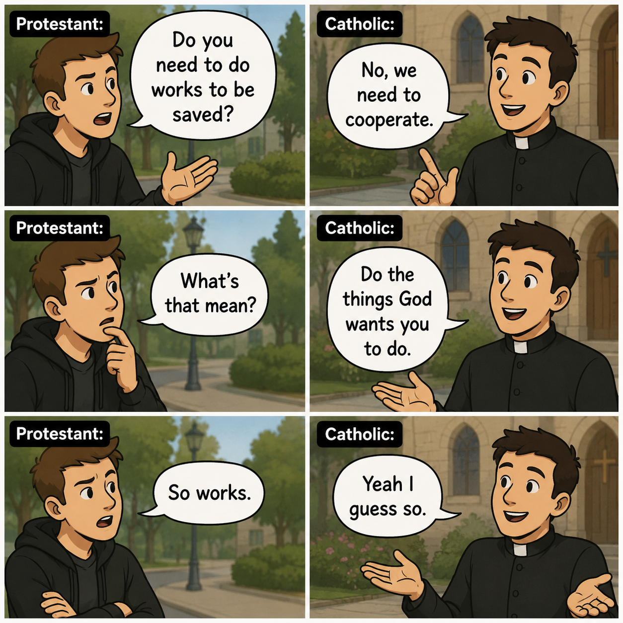 How Protestant - Catholic dialogues often go.

Bible says "He saved us, not because of works done by us in righteousness" (Titus 3:5)