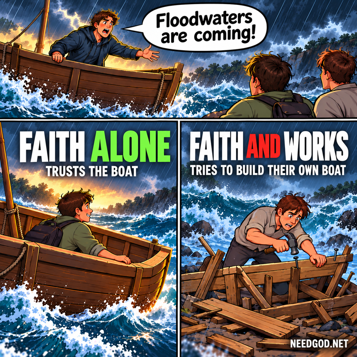 Are you trying to build your own boat and therefore reject the one God supplied? Rely on Jesus alone to save you, not partly yourself.